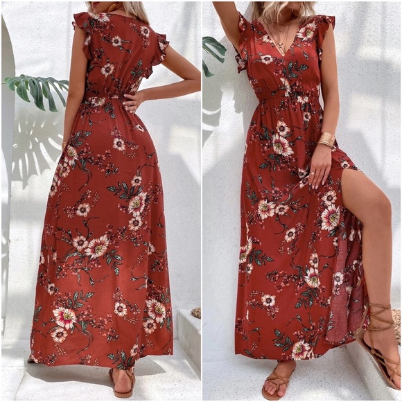 Boho Floral Print Butterly Sleeve Maxi Dress - Picture 5 of 7